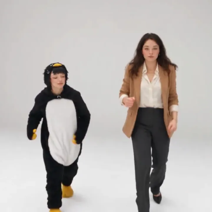 A person in a penguin onesie and a woman in a tan blazer walk out across a white studio floor