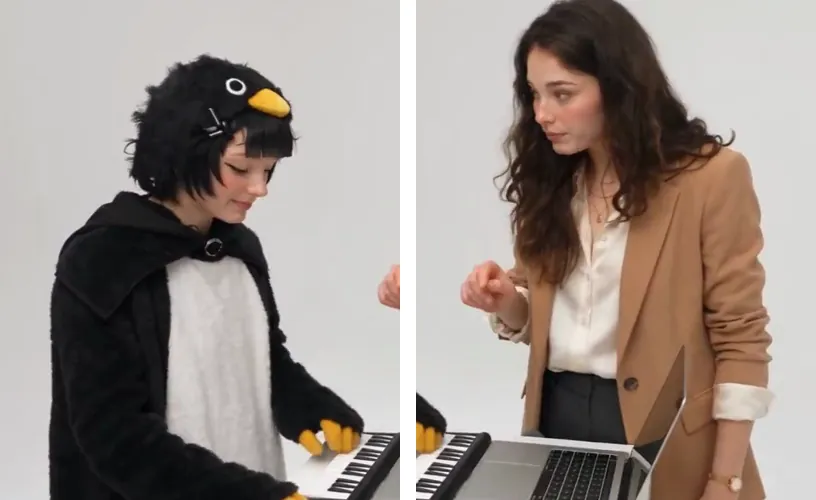 Two separate portraits side by side: a person in a penguin onesie and a woman in a tan blazer