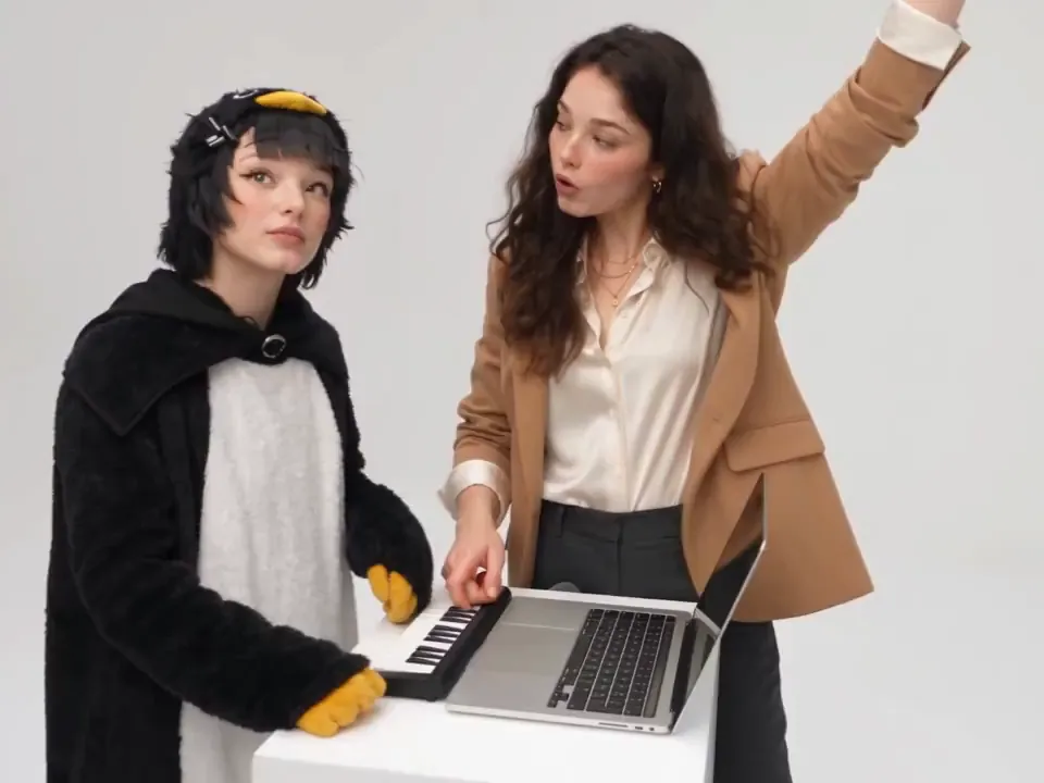 Two friends in the white studio, one in a penguin onesie at the keyboard and one in a tan blazer throwing an arm up