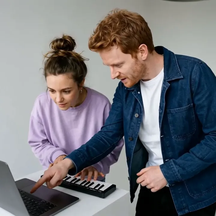 A woman with a hair bun in a lilac sweatshirt plays a mini keyboard by a laptop while a red-haired man in a denim jacket points at the keys