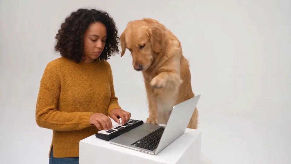 An Alors on Danse AI video: a curly-haired woman in a mustard sweater plays a mini keyboard while her golden retriever presses a key with its paw, leans into the camera with its tongue out, then both walk out of frame in a white studio