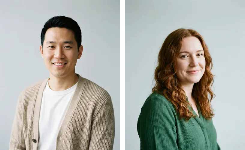 Two separate portraits side by side: a man in a beige cardigan and a red-haired woman in a green blouse