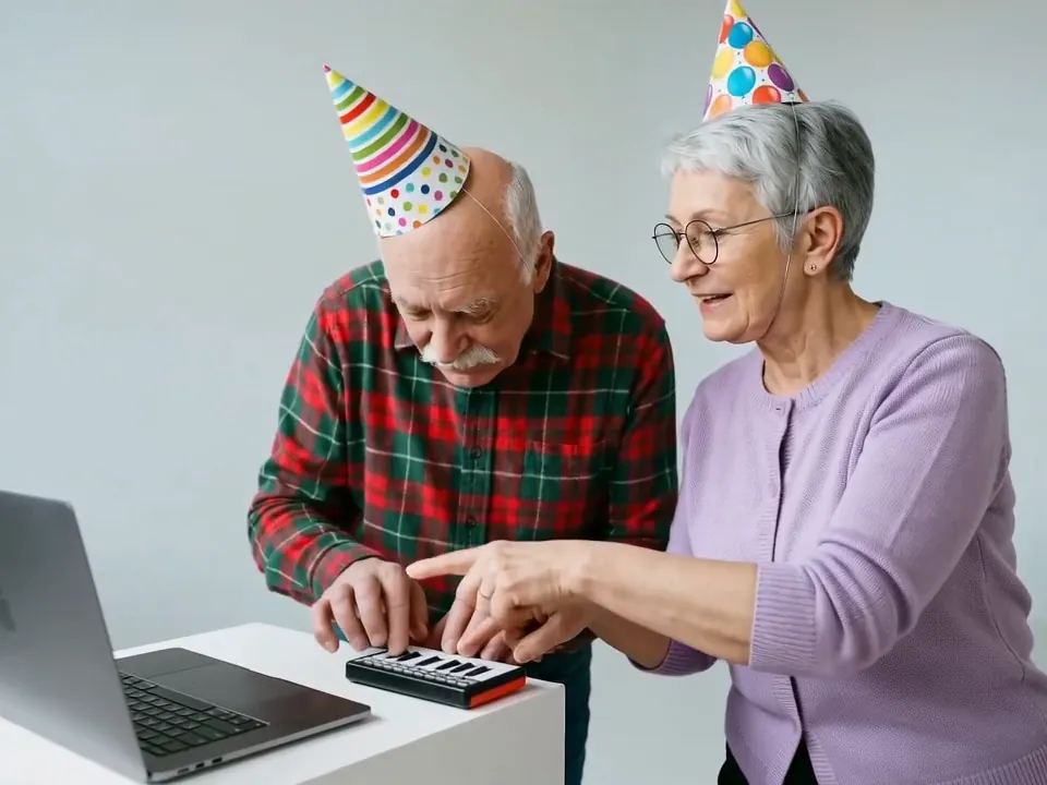 Grandparents in paper party hats at the mini keyboard: grandpa plays while grandma points and smiles