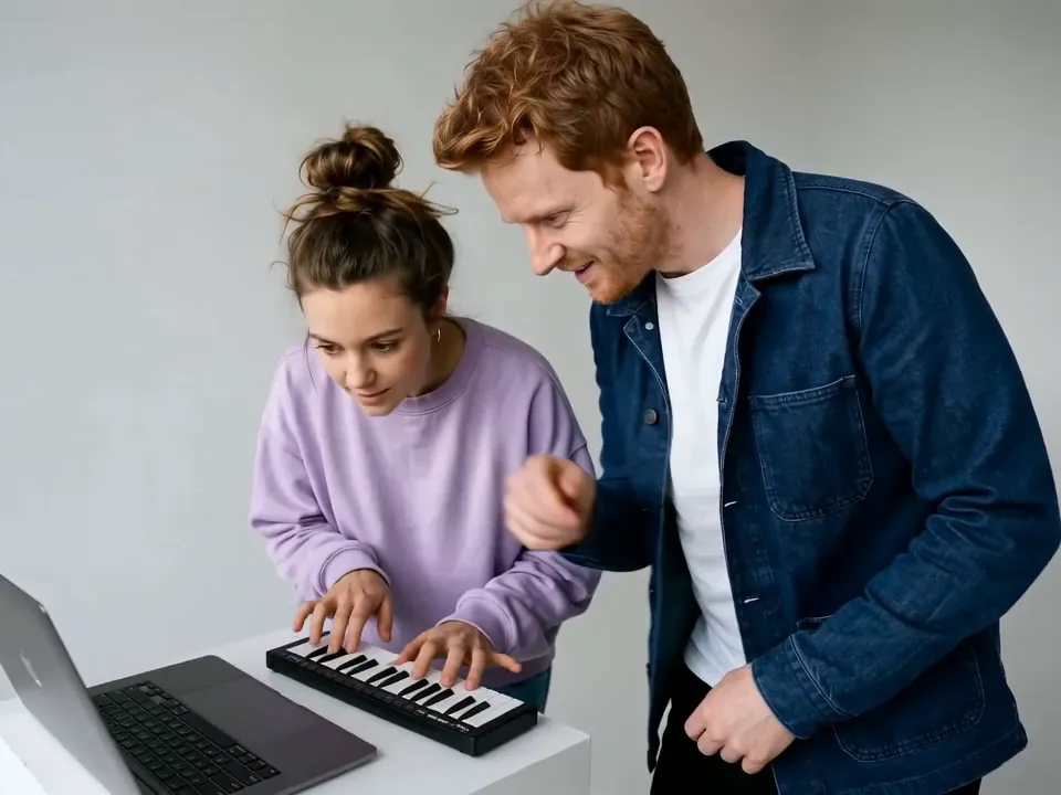 A red-haired man in a denim jacket laughs into the camera while his friend in a lilac sweatshirt plays the keyboard behind him