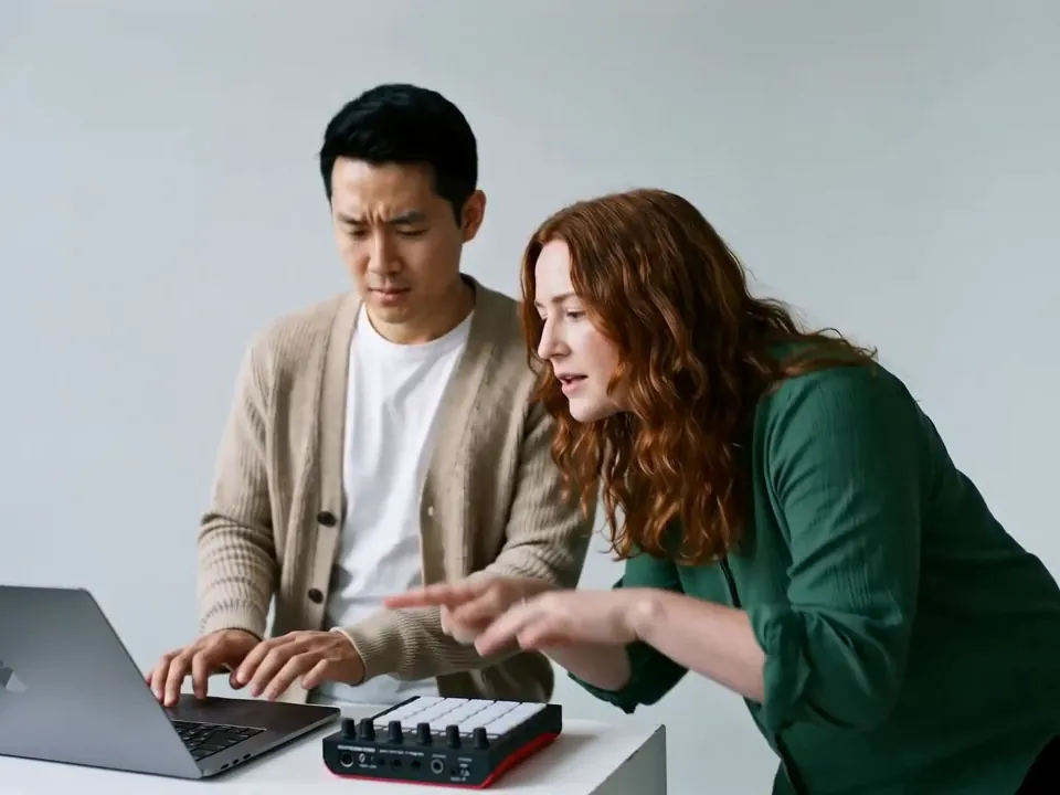 A man in a beige cardigan plays the laptop and keyboard while a red-haired woman in a green blouse leans in and points