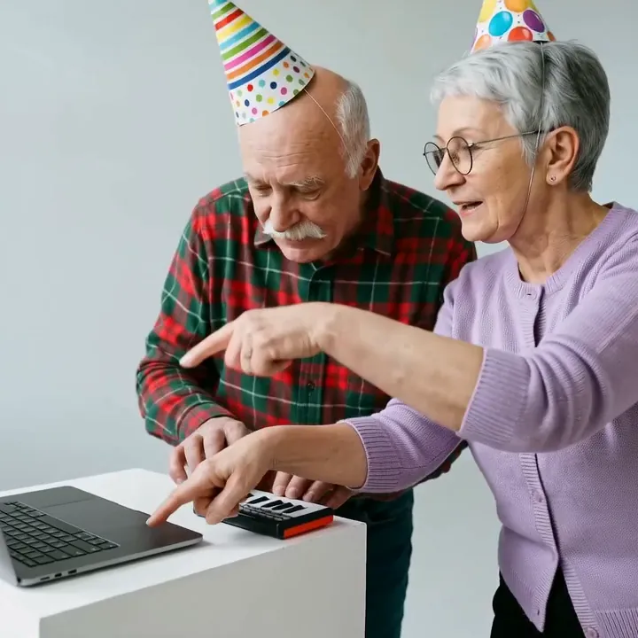 The same couple at a laptop and mini keyboard in a white studio: grandpa plays while grandma points at the keys