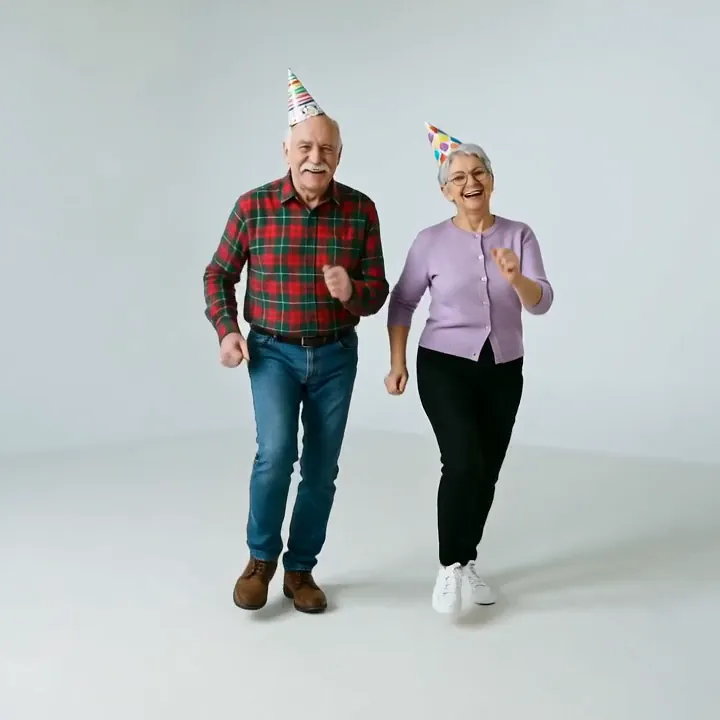 An older couple in paper party hats, he in a plaid shirt and she in a lilac cardigan, dance toward the camera across an empty white studio